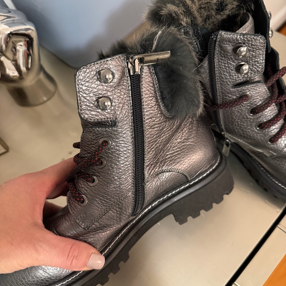 Metallic Ankle Boots with Faux Fur Trim